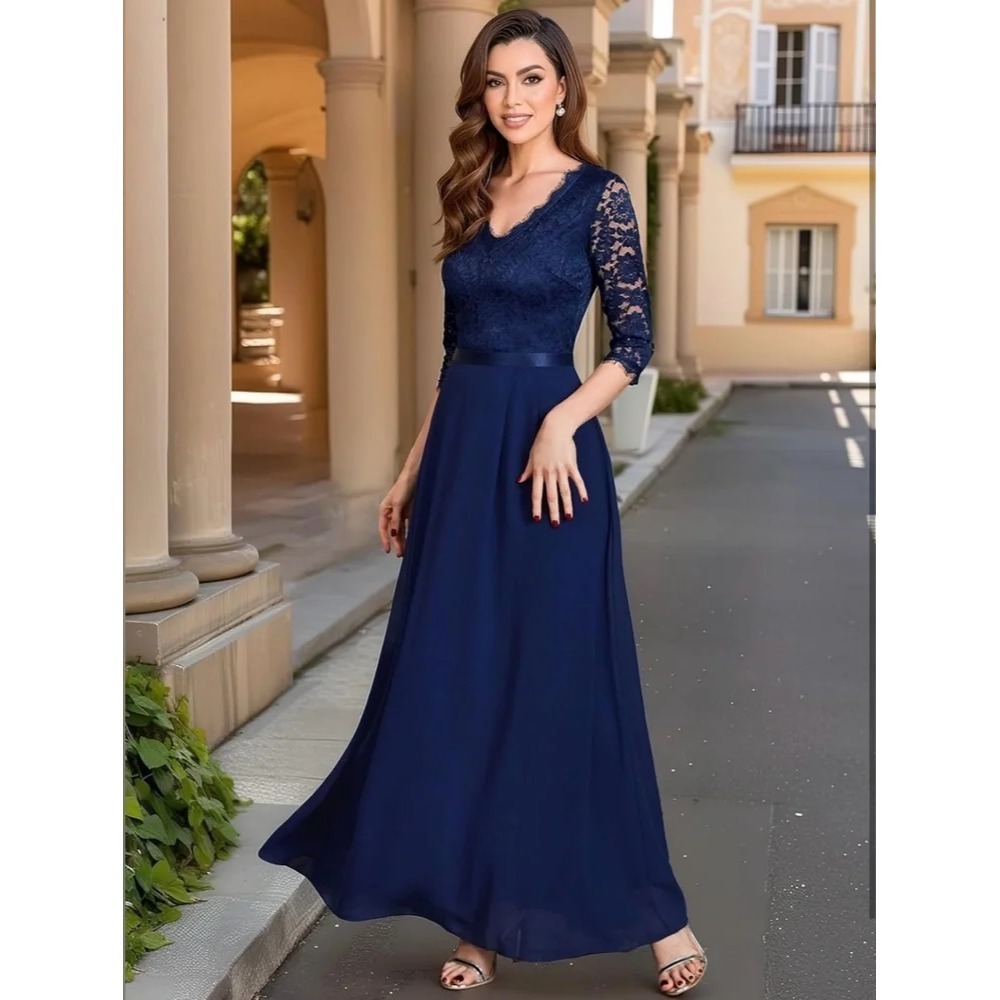 MISSMAY Womens Formal Floral Lace 2/3 Sleeves Maxi Dress Size L  Blue Evening